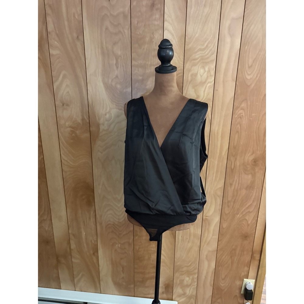 Lulus Black Satin Surplice Sleeveless Bodysuit Deep V Back Medium NWT